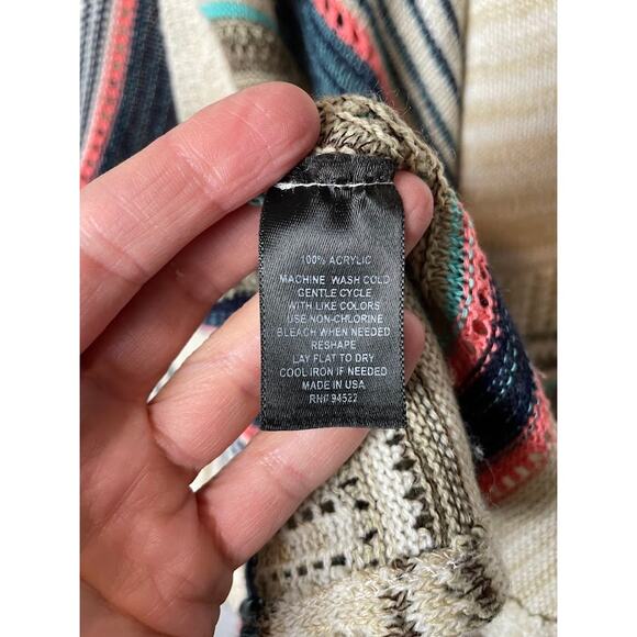 Multicolored Boho Cardigan Womens Medium Open Knit Beige Sweater Striped Top - Picture 5 of 11